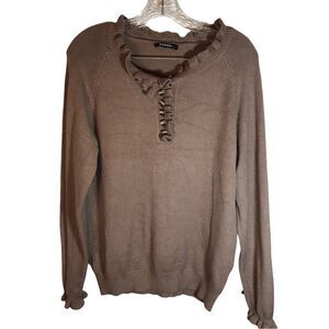 BTFBM sweater women’s medium brown ruffle trim Henley long sleeve neutral fall